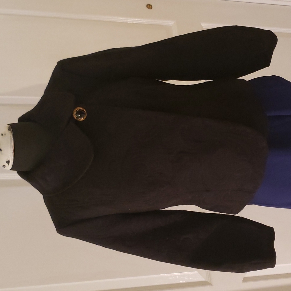 Black on Black damask print blaze with gold button and velvet tie back